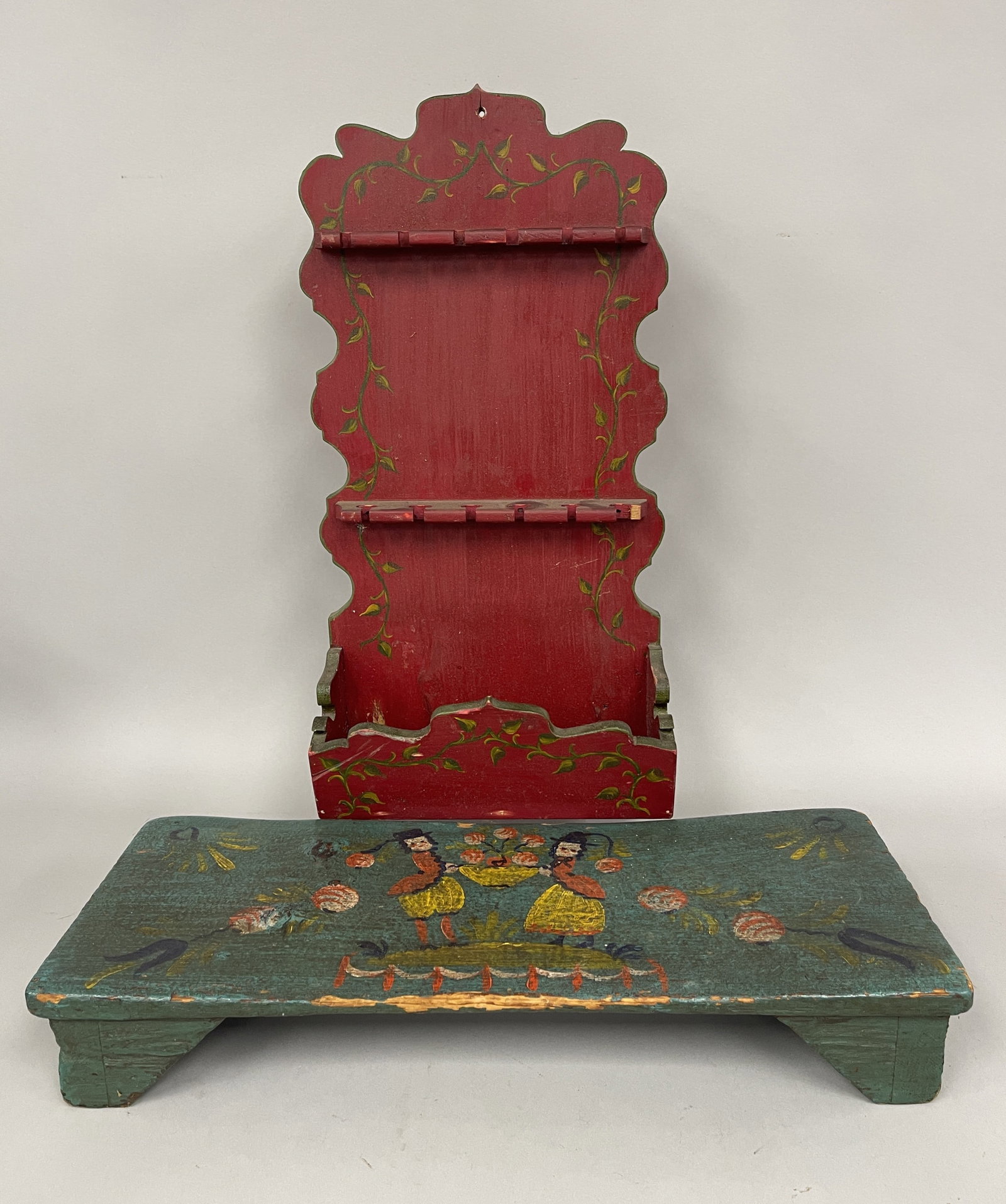 PAINTED DECORATED BENCH , SPOON RACK: PAINTED DECORATED BENCH 20" X 8" X 3" , SPOON RACK 20" X 10" X 4"