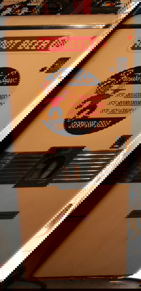 Frostee Root Beer beverage dispensing machine: Refresh-O-Mat; Automatic Products; normal signs of use and wear including oxidation, scratches and dents