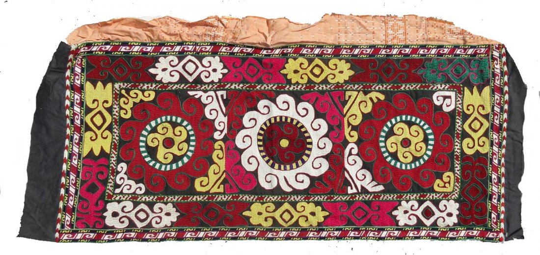 Uzbek Embroidered Bag, Central Asia, 1940s: An old Uzbek embroidered "napramach" (long bag), with full embroidery on the front, backed with a cotton cloth to make a 'bag' of sorts (see final detail image). The condition is good with no holes, r