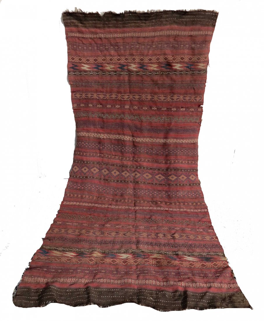 Uzbek Kilim, Central Asian: A large utilitarian Uzbek(?) kilim from north Afghanistan. The condition is soiled, some surface wear, some missing selvedges, minor tears. See detail images. All the colors are derived from natural d