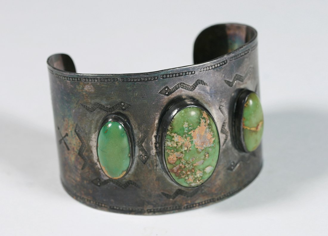 Fred Harvey Wide Navajo Silver & Turquoise Bracelet with Snakes (1 of 12)