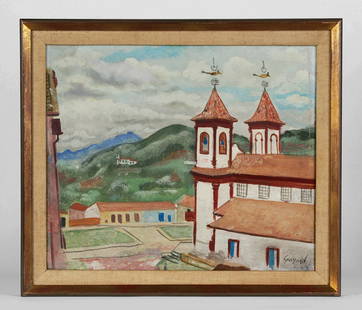 Alberto da Veiga Guignard (Brazil 1896-1962) Landscape with Church: Modernist landscape with a church by well-known Brazilian artist, Alberto da Veiga Guignard (Brazil 1896-1962). A view of the mountains and hills from an elevated position near the church in the foreg