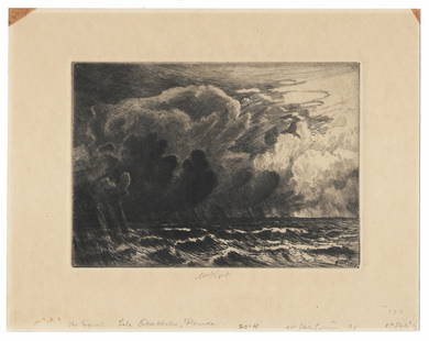 Charles Mielatz (1864-1919) Early Florida Etching: The Squall, Lake OkeechobeeRare early Florida etching by well-listed American artist, Charles Frederick William Mielatz (1864-1919).Etching on cream wove stock. Signed in pencil under the image "