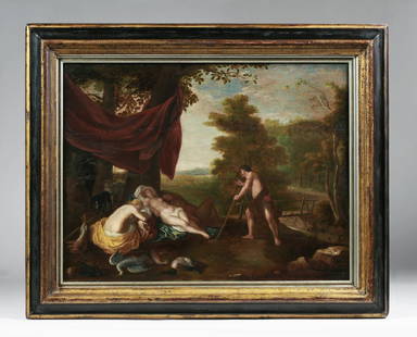 Cornelis Adamsz Willaerts (Dutch 1600-1666) - Dutch Old Master Painting: "Diana and Her Nymphs After the Hunt" by Cornelis Willaerts (Dutch 1600-1666). Oil on wood panel. Framed. Signed and dated, lower right: C. Willaerts 1655. Reverse with various painted and chalked col