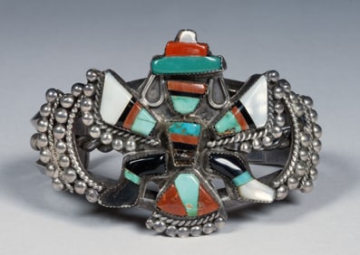 Zuni Knifewing Silver Inlay Bracelet - 1940s