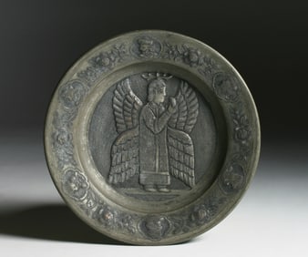 Persian Engraved Tinned Copper Plate with an Angel