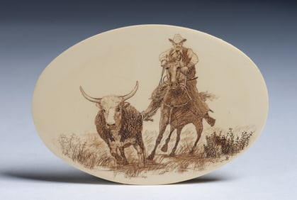 Miniature Engraved Western Plaque - Signed - Cowboy & Steer
