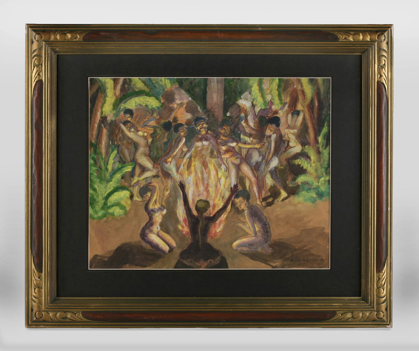 Joseph DeLaney (1904-1981) Harlem Renaissance Painting 1940: Harlem Renaissance painting of nude women dancing around a fire, by listed African-American artist, Joseph DeLaney (1904 - 1981). Dated 1940. Depicting a wild ”Danse Sauvage” / Josephine B
