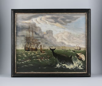 "The Whale Hunt" 1840 Early American Folk Art Painting