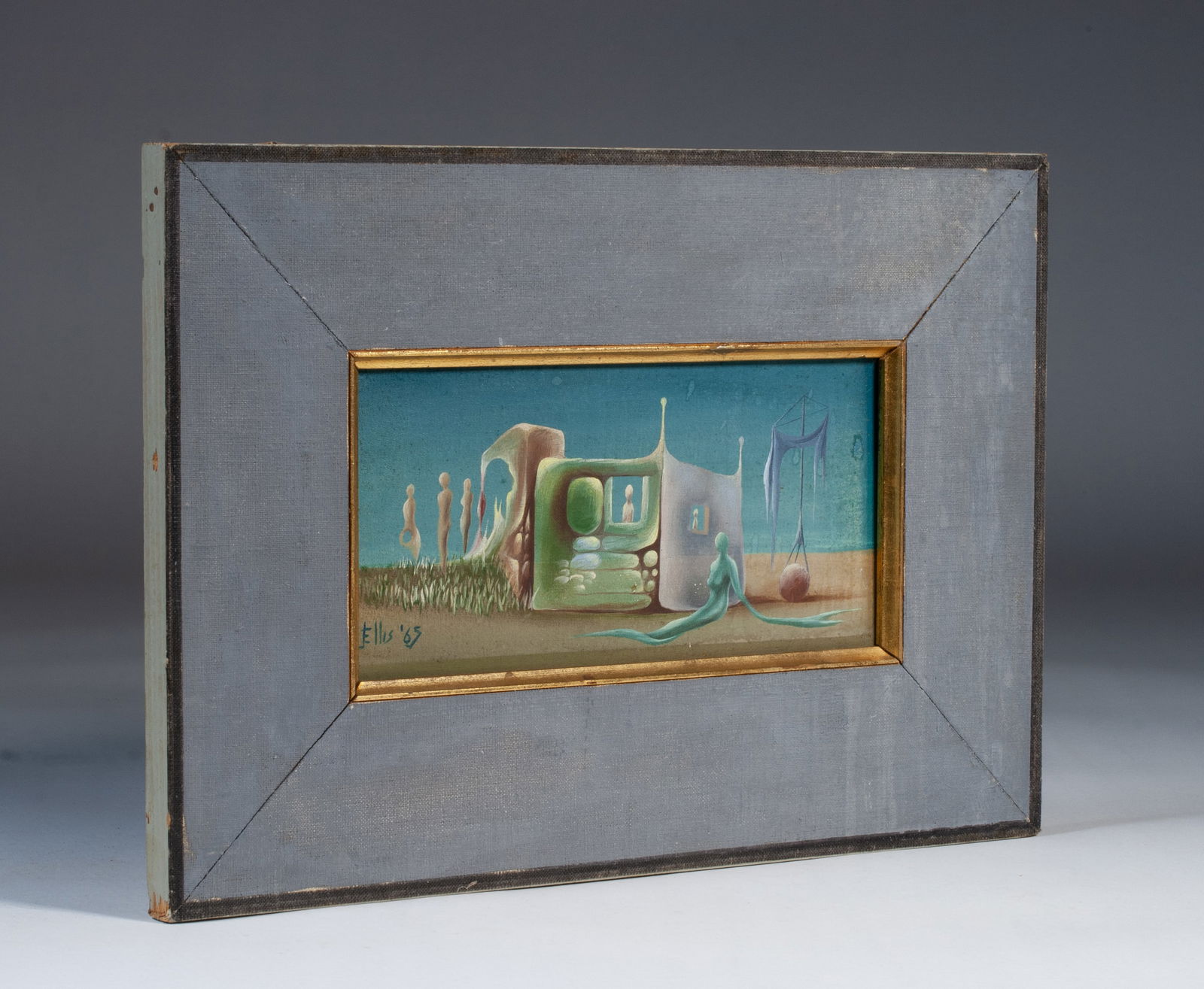 John Bryant Ellis (1923-1974) Texas Artist - Surrealist Painting: Mid-Century surrealist painting by Texas artist, John Bryant Ellis (1923-1974). Oil on linen stapled to a wood panel. Framed. Signed and dated lower left "J Ellis 65". Inscribed on the reverse with th