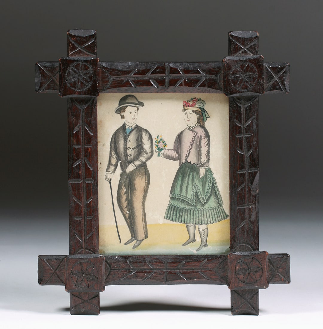 American Folk Art Watercolor Painting - Young Couple: Small American folk art watercolor painting of a young couple. Very detailed and painted in a naive manner during the second half of the 19th century. They are both beautifully dressed in the fashions