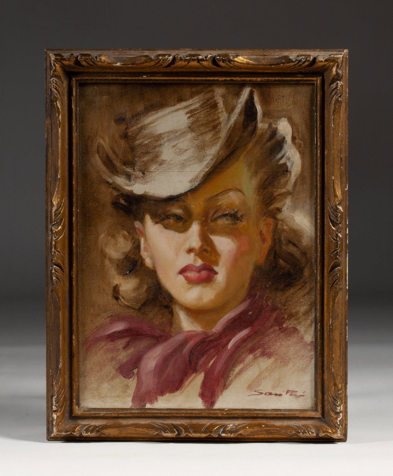 Hollywood Movie Star - Fashion Painting - Signed 1940s: Attractive painting of fashionable woman, possibly a Hollywood movie actress. Circa 1940s. Oil on canvas-board. Framed. Signed lower right, "Sam .....". Artist and subject identities unknown. Painting