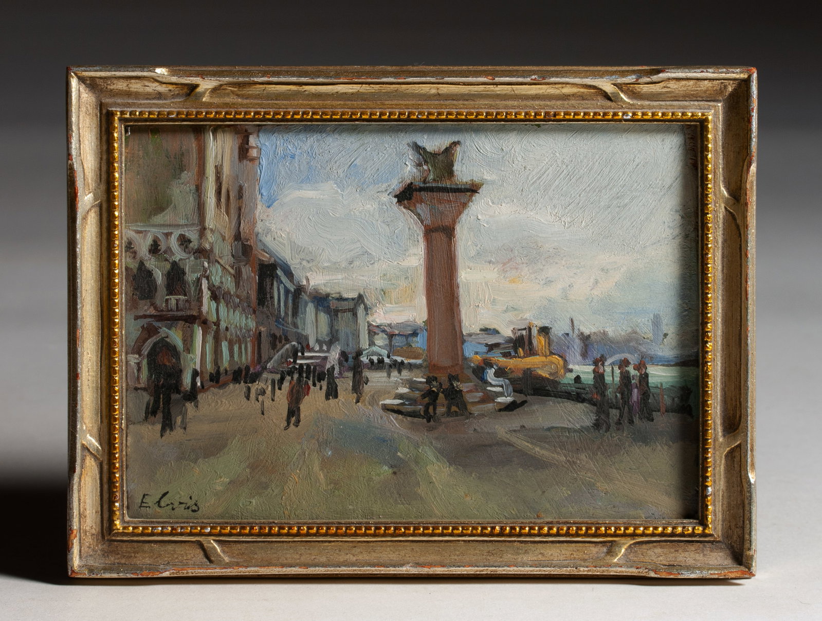 Small Impressionist Painting of Venice - Signed: A small impressionist view of Saint Marks Square in Venice Italy. Early to mid 20th century. Signed, lower left. Oil on board, housed in a stand-up frame. Painted in a mid-century modernist impression
