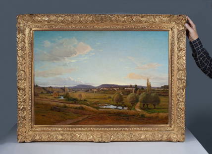 Jean Ferdinand Monchablon (1855-1904) French Impressionist Landscape: Large impressionist landscape "La Vallee de Lironcourt, Vosges" by Jean Ferdinand Monchablon (1855-1904). Circa 1885. Oil on wood panel (cradled). Signed on the front, lower right, "Jan Monchablon". I