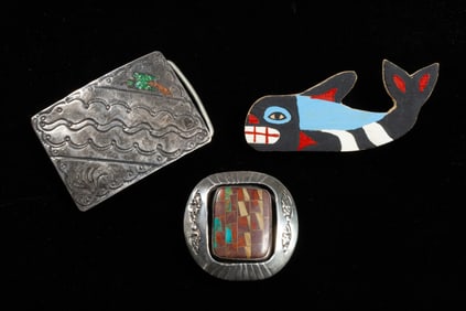Three Native American Jewelry Pieces - Bolo - Brooch - Buckle