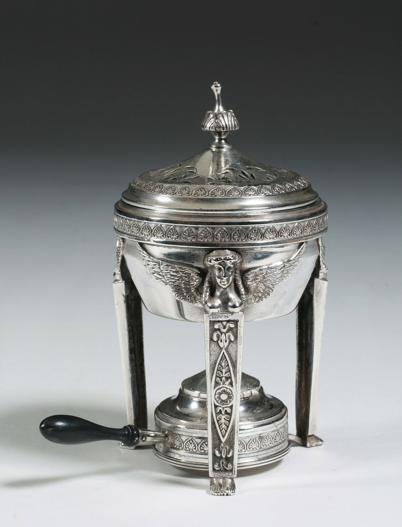 French Egyptian Revival Silver Pastille Burner - Olier & Caron: Miniature jewel-like silver pastille or incense burner by the French maker, Olier & Caron. Circa 1910 - 1919. Neo-Classical - Egyptian Revival designs featuring three legs with mythological Sphinx sty