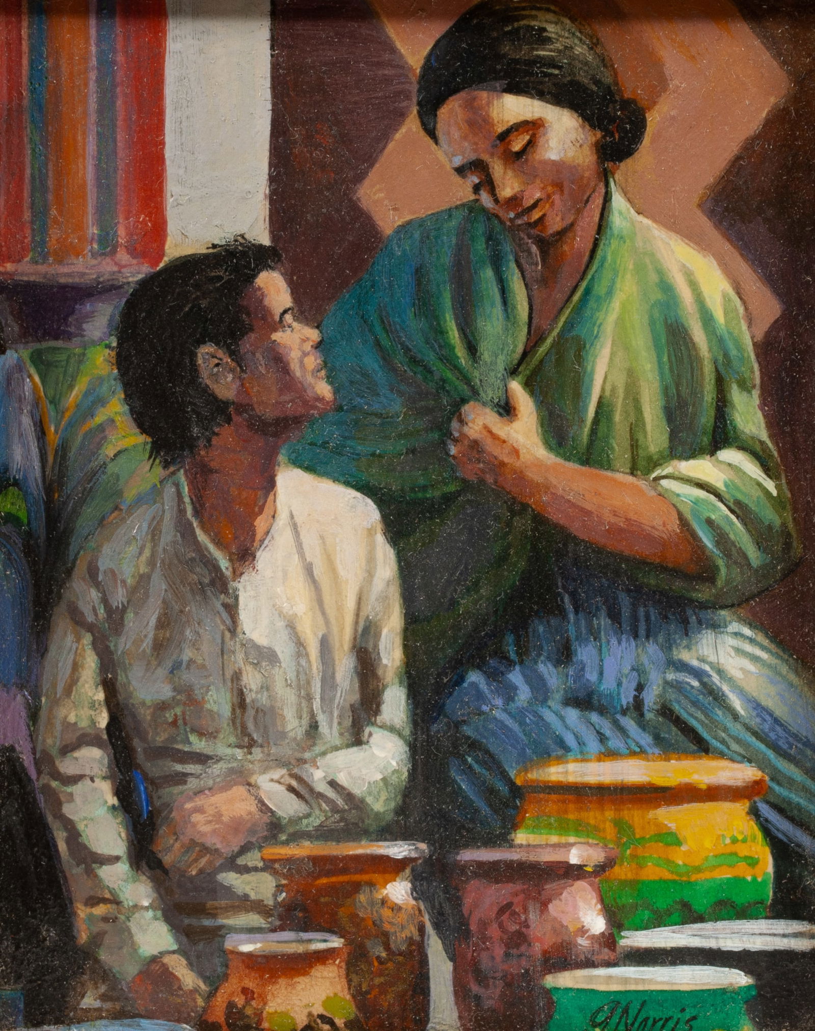 American Southwest Figural Painting by Gene M. Norris: Small Southwest painting "The Pot Vendors" by New Mexican artist, Gene M. Norris of La Luz, New Mexico. Circa 1960. Acrylic on board. Framed. Signed lower right. The reverse bears an exhibition label