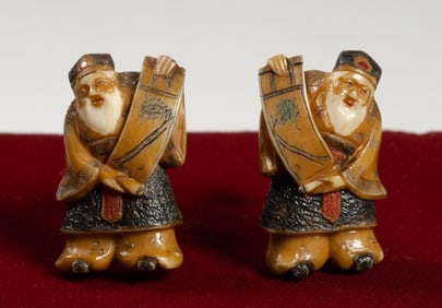 1930s Japanese Carved and Painted Netsuke Earrings - Signed