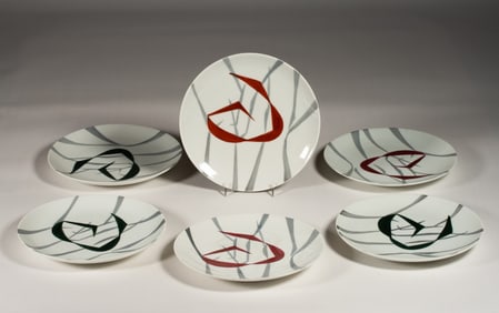 Halga, Paris 1950s - 6 Modernist Abstract Painted Porcelain Plates
