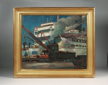 Modernist Industrial Dock Scene Painting by Einar Petersen (1885-1986)
