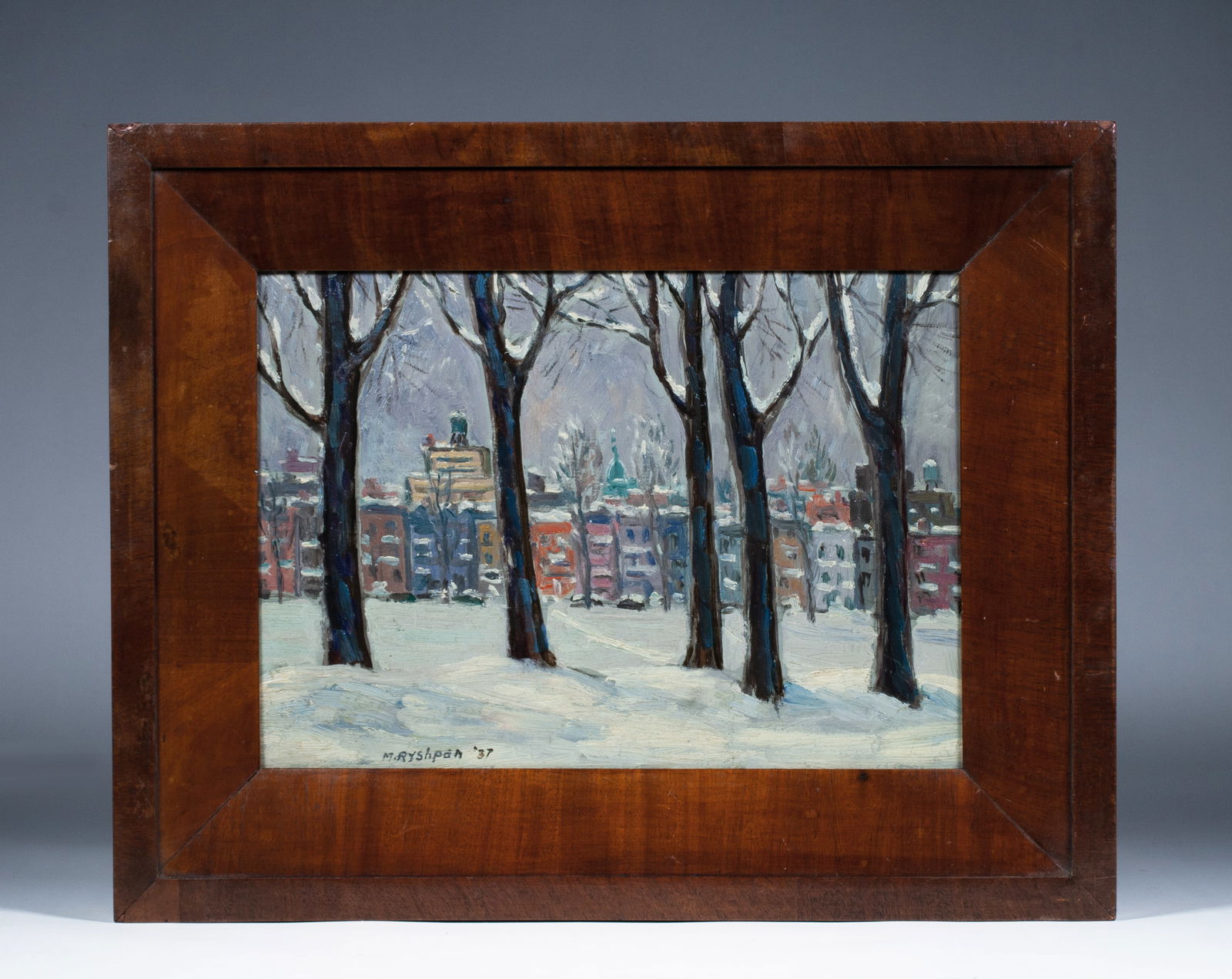 Canadian Impressionist Painting - Montreal in Winter - Myer Ryshpan (1898 - 1984): "Winter in Montreal" Expressionist Ashcan School painting of Montreal in the winter by Canadian artist Meyer Ryshpan. Oil on masonite. Framed. Signed and dated, lower left "M. Ryshpan 37". Painting :
