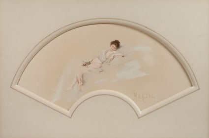 "Reclining Woman with Roses" - Art Nouveau Watercolor Painting - Signed