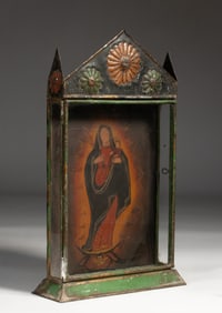 19th C. Mexican Painted Retablo & Tin Nicho - Madonna