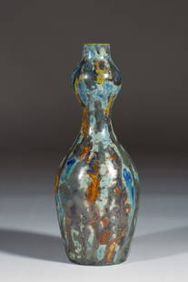 Bohemian Austrian Iridescent Art Nouveau Glass Vase - Teplitz Circa 1905: Antique Art Nouveau glass vase designed by Maximilian Boudnik and produced by Josef Knizek and at the Antonienhutte glassworks of Teplitz. Circa 1905. Colorless glass form decorated with a varied chem