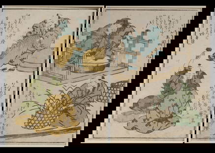 Two 1826 Japanese Woodblock Prints by Yashima Gakutei: Two woodblock prints from the series Ryakuga Shokunin Zukushi by Japanese artist Yashima Gakutei (1786–1868). Ryakuga Shokunin Zukushi (Abbreviated Drawings of Various Craftsmen), executed in 1826.
