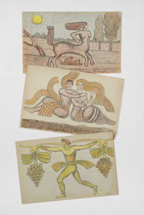 Three French Art Deco Drawings in Color - Signed - Paris 1925: Three (3) Art Deco mythological drawings in color, dated 1925. Possibly designs for murals or architectural decor. Drawings with colored pencil on laid paper. Unframed, unmounted. Two are signed "J.D
