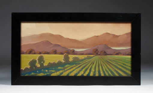 California Modernist Landscape Painting by William Hawkins: Contemporary Arts & Crafts style modernist impressionist painting by California artist William Hawkins (1962- ). Oil on canvas board. Framed. Signed lower left with initials and possibly dated '96 (se