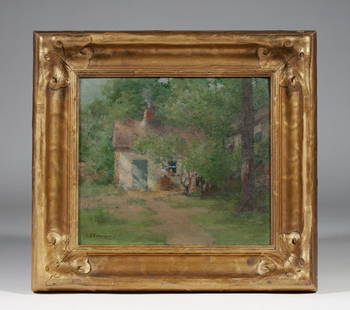 Charlotte Buell Coman (1833-1924) American Impressionist Painting: Cottage in the Woods American Impressionist painting by Charlotte Buell Coman (1833-1924). Oil on board. Framed. Signed lower left, "C.B. Coman". Label to the back of the original frame, "Braus Inc. A
