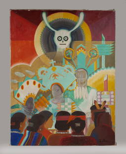 Native American Pueblo Dance Painting by Louise Morris (1896-1972): Large Southwest modernist painting depicting a Pueblo ceremonial dance by Louise Morris (1896-1972). Oil on canvas. Circa 1940. Unframed. Signed lower right. SIZE : 34" x 44" Louise Morris was an Amer