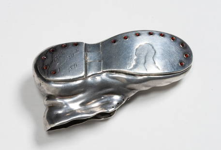 Sterling Silver & Gem Stone Match Safe - American 1891: Sterling silver match safe in the form of a worn shoe, decorated with small cut gemstones (15 rubies or garnets). Marked on the back of the shoe "PAT APP'D FOR" & "STERLING". Engraved on the heel "186