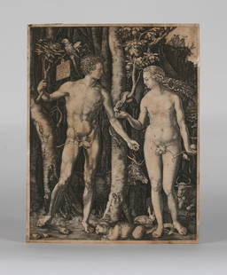 Adam & Eve Heliogravure Engraving after Albrecht Durer (1471-1528): "Adam and Eve" after the Albrecht Durer engraving of 1504. Heliogravure on laid paper. Continental, 19th century. Signed in the image (on the plaque hanging from the branch Adam is holding).Unframed,