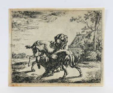 Johan le Ducq - Old Master Engraving of Dogs 1661: Dutch old master engraving of two dogs by Johan le Ducq (1629 - 1676). This engraving dates to 1661 and is one of a series of eight prints, by the artist, featuring images of dogs in a landscape. Engr