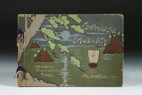 "Japanese Studies" 1906  by H.G. Ponting - Photographic Book: "Japanese Studies" by Herbert George Ponting. First Edition 1906. Published by K. Ogawa, Tokyo. Featuring 52 high quality collotype gravure photographs of Japan, including architecture, people, costum