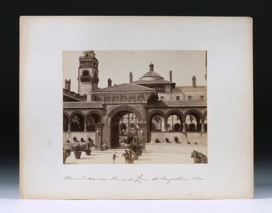 "Ponce de Leon" Albumen Photograph of St. Augustine, Florida: Albumen photograph of the "Ponce de Leon Hotel" in St. Augustine Florida. Circa 1870. Original albumen photograph, mounted on board. Unsigned. Photographer unknown. Labeled on the mount in pen, under