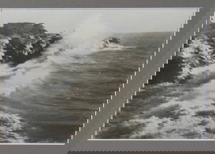 California Arts & Crafts Photograph by Leopold Hugo: Leopold Hugo California Pictoralist silver-gelatin photograph. Circa 1920. An action-filled coastal seascape with waves crashing against the rocks and seagulls in the distance. Signed, lower right. Ma