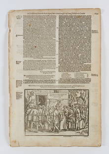 Four Early Printed Book Pages by John Foxe - Book of Martyrs 1576: The Actes and Monuments 1576 Two attached double-sided pages from the 1576 book edition of: The Actes and Monuments (popularly known as the Book of Martyrs) by John Foxe. Includes four pages in all: p
