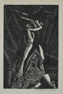 Original Woodcut "The Woodcutter" 1925 by Leon Underwood: Fine woodcut by Leon Underwood (1890 - 1975). Black pigment on tissue. Pencil signed, lower right under the image "Leon A. Underwood". Unmounted, unframed. A modernist depiction of a man chopping wood