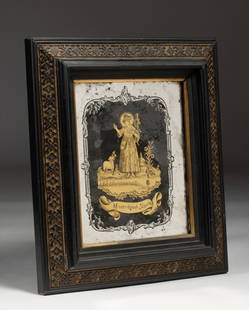 Old Master Reverse Painting on Glass - Verre Eglomise 18th C.: Early and rare Old Master eglomise reverse painting on glass of The Virgin Mary. 18th century or earlier. A fine detailed image of Mary standing in a landscape, giving a blessing to a lamb, with a bui