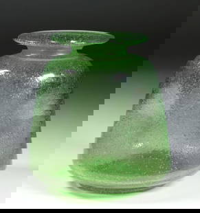 Italian Murano Glass Pulegoso Vase - Mid-Century Modern: Italian - Murano mid-century art glass vase. Circa 1940 - 1950s. Unsigned, unknown maker. Possibly AVEM, Seguso, Barovier, etc. Hand-blown from transparent green glass with small internal bubbles. Ind