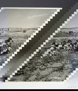 New Mexican WPA Photograph 1938 "Gathering Dye": Original large format WPA photograph of Native American or Chicano / Hispanic-American children and adults working in the New Mexican desert, gathering plants for making dye. Taken in Northern New Mex