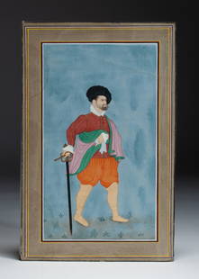Antique Indian Mughal Miniature Painting - Portrait of a European: Mughal Court style miniature painting of a European man holding a sword. Tempera or gouache painted on paper / card. Unframed. With partial glassine cover page attached. Finely painted with detailed f