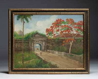 Philippines Landscape Painting by Isidro Ancheta (1882-1946) Parian Gate: Original impressionist landscape painting by important Filipino artist, Isidro Ancheta (1882-1946). Circa 1920’s - 1930’s. Early 20th century. Oil on canvas laid onto board. Framed. Signed by the