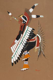 Stephen Mopope - Native American "Eagle Dance" 1929 Szwedzicki Pochoir Print: "Eagle Dance" by Native American Kiowa artist Stephen Mopope (1898-1974). A pochoir print in color from the portfolio "Kiowa Indian Art: Watercolor Paintings in Color by the Indians of Oklahoma", feat