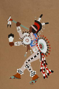 Jack Hokeah - Native American "Humming Bird Dance" 1929 Szwedzicki Pochoir Print: "Humming Bird Dance" by Native American Kiowa artist Jack Hokeah (1901-1969). A pochoir print in color from the portfolio "Kiowa Indian Art: Watercolor Paintings in Color by the Indians of Oklahoma",