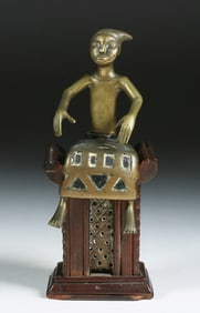 African Fon Tribal Bronze Sculpture -  Figure on a Wood Throne