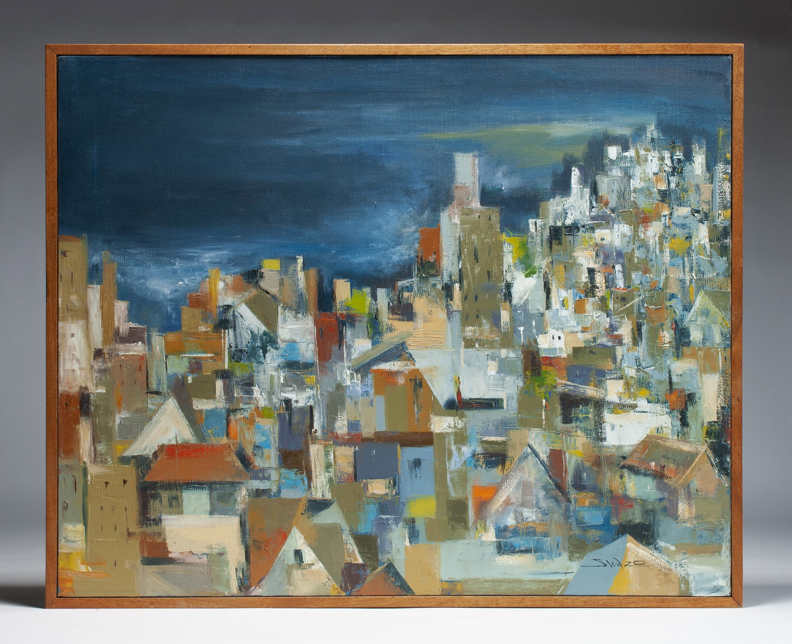 Patrick Swazo Hinds - Painting of a City - Native American Artist: Abstracted mid-century cityscape by well-listed Native American artist, Patrick Swazo Hinds (1924-1974). Oil on stretched canvas. Framed. Signed by the artist lower left :Swazo". Circa 1965. Probably 
